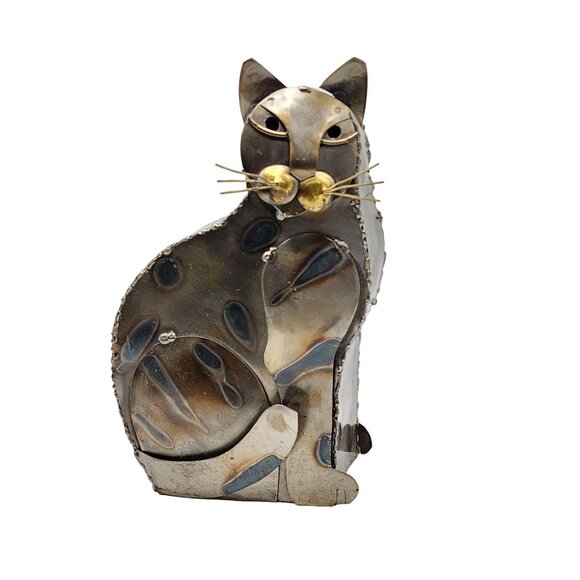 Vintage Handcrafted Metal Cat Sculpture Rare Art Piece Home‎ Decor 10in Tall - Picture 11 of 16